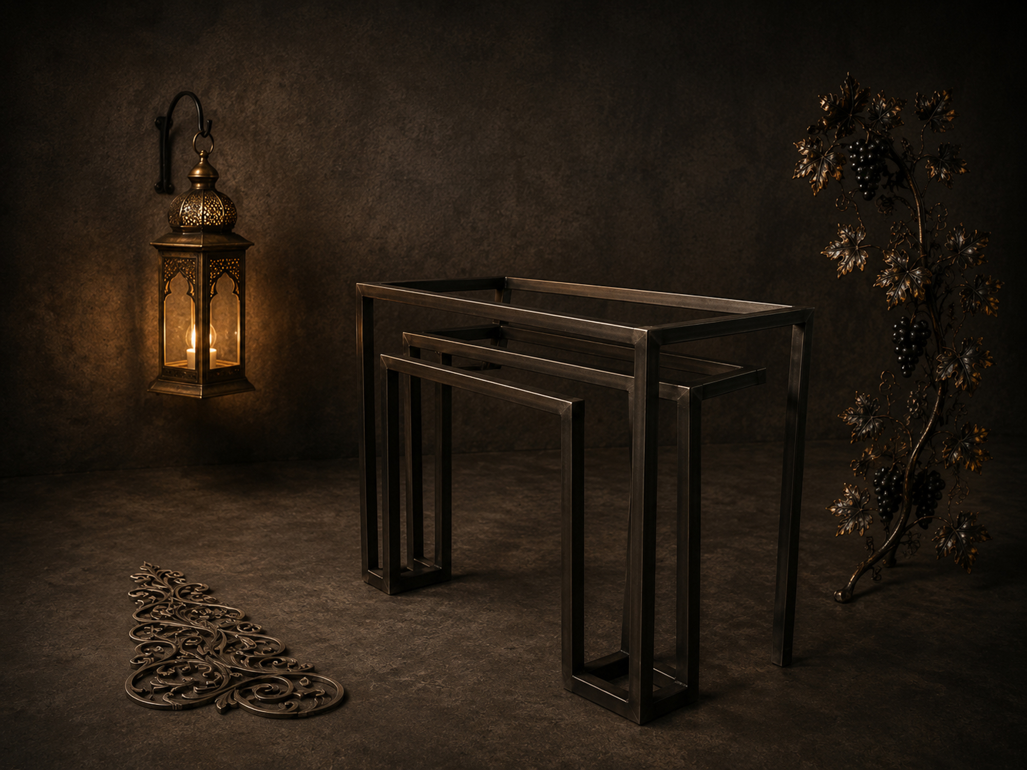 Studio composition with consoles, lantern, and forged vine
